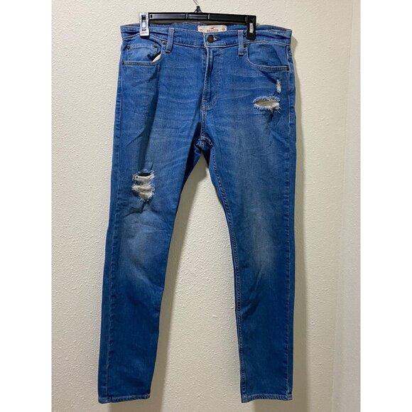 Hollister Epic Flex Super Skinny Jeans Mens 34x32 Blue Distressed Ripped - Picture 7 of 14